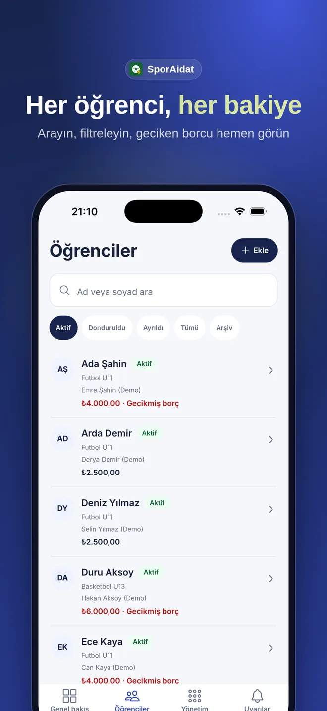 SporAidat öğrenci listesi